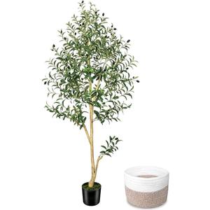 Elkaysonly 6FT Faux Olive Tree Artificial Indoor with Planter and Basket