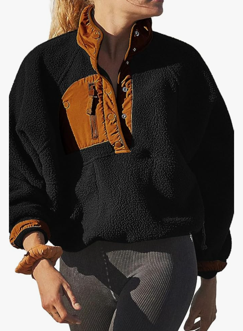 Aoang Womens Oversized Sherpa Jacket Fuzzy Fleece Teddy Coat with Pockets Colorblock L