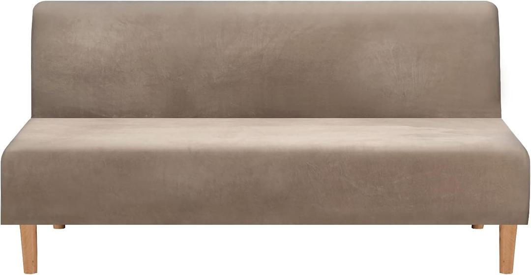 MIFXIN Armless Futon Slipcover Velvet Stretchy Folding Sofa Cover Elastic Washable Couch Sofa Furniture Protector for Futon Moving Sofa Bed Without Armrests (Velvet Taupe) 1"D x 1"W x 1"H