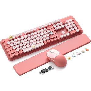 Wireless Keyboard and Mouse Combo, Typewriter Keyboard with Magnetic Wrist Rest, FullSize Cute Round Keycaps, Sleep Mode, 2.4G Keyboards for Mac/Windows/PC, Office or Home, Trueque CK23Pro
