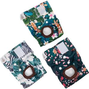 CuteBone Dog Diapers Female Washable Small Medium Large 3 Pack Reusable Doggie Diapers Puppy Period Pants for Doggy Heat Cycle Peeing, Jungle series 3pcs, XL