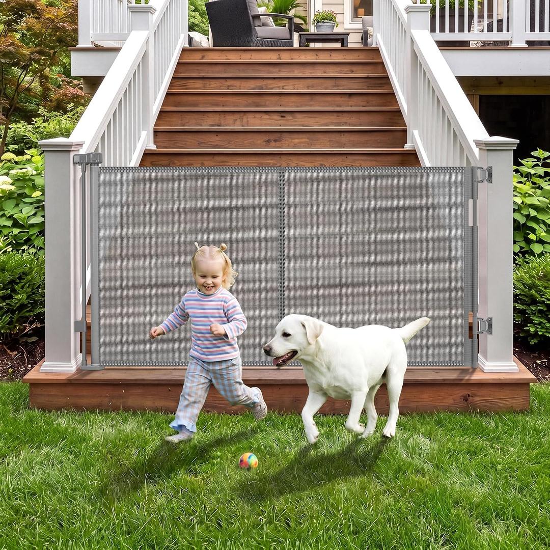 Weatherproof Outdoor Retractable Dog Gate with Rust-Proof Stainless Steel Hardware& Waterproof Mesh, 60" Wide Retractable Pet Gate with Support Rods to Prevent Crawling Through, Deck Outdoor Baby Gate