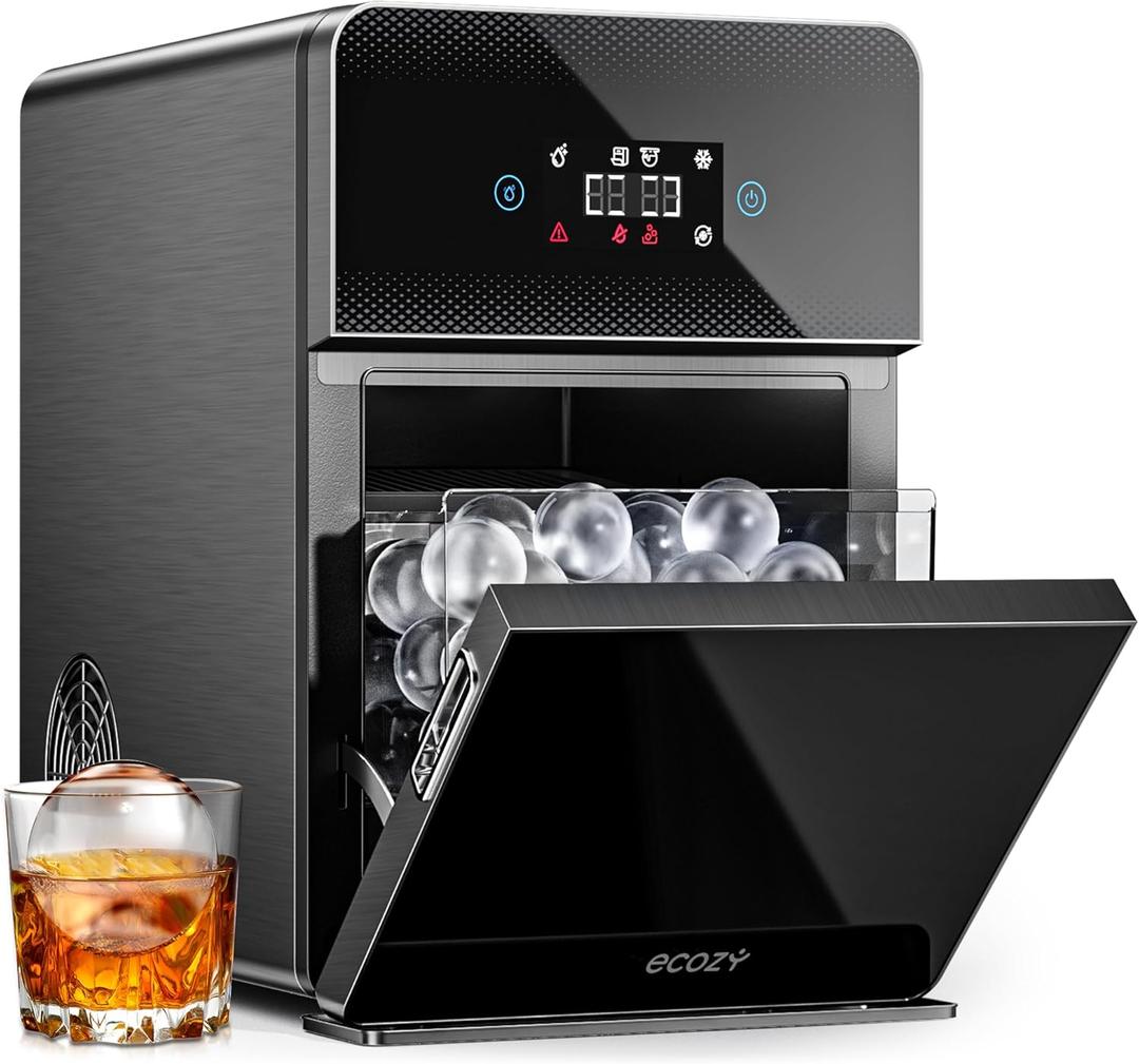 ecozy 2" Clear Ice Ball Maker with CrystalFlux Technology, 4 pcs in 40 Mins, 144 pcs/Day, Sphere Ice Maker with Automatic Water Supply, Self-Cleaning, Enhanced Insulation for Whiskey & Bourbon (Black)