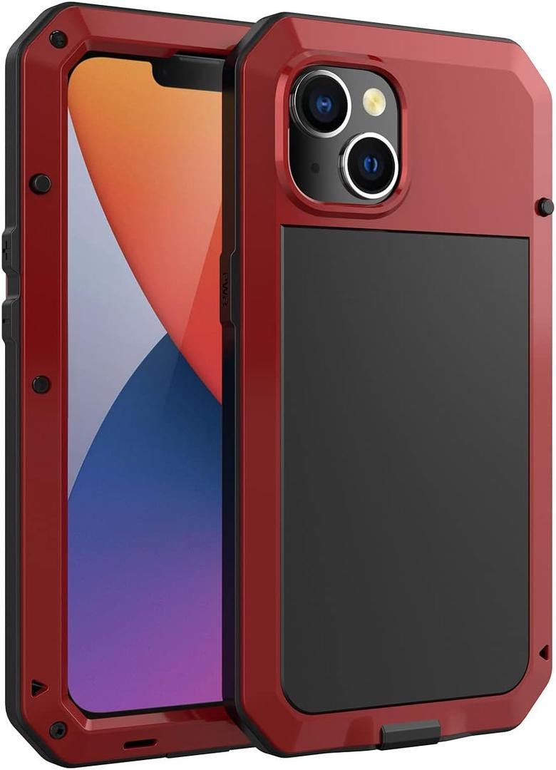 for iPhone 14 Case, 360 Full Body Protective Cover Heavy Duty Shockproof Tough Armour Aluminum Alloy Metal Case with Silicone Built-in Screen Protector for Apple iPhone 14 6.1 Inch - Red