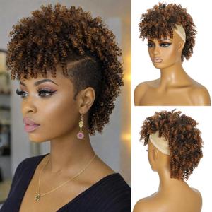 Mohawk Wig Kinky Curly Brown Ponytail with Bangs,Short Curly Synthetic Clip on Mohawk Brown Mix Black Ponytail Extension with Six Clips and Two Combs Fluffy Hair for Daily and Party Use 1B/30