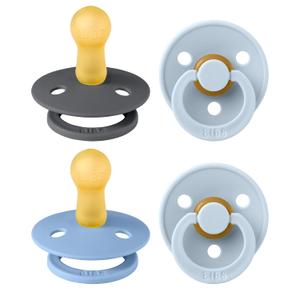 BIBS Pacifiers - Colour 4 Pack | Round Nipple Baby Pacifier | BPA Free Natural Rubber Latex Soother | Made in Denmark | Size 6-18 Months | Blue Colors