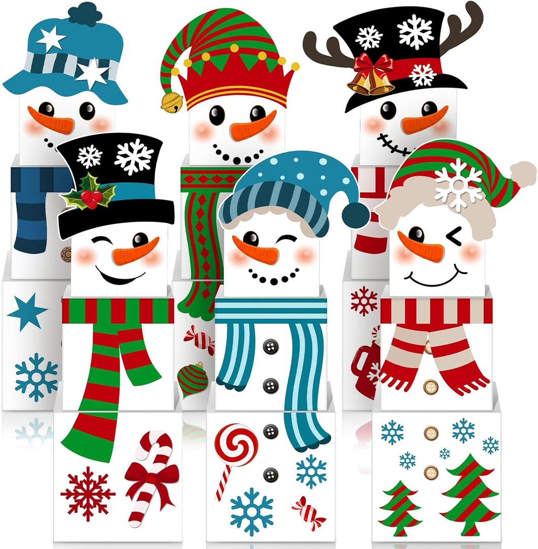 Lemosae 24 Pcs Christmas Snowman Gift Boxes, 6 Design Stackable Xmas Decorative Large Gift Box Cardboard Nesting Boxes Decorations Stacking Box for Christmas Wrapping Party Decor