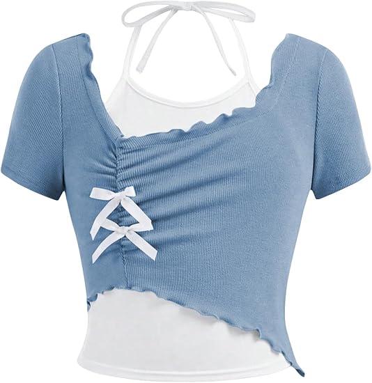 RoseSeek Girl's Halter Crop Tops Colorblock Bowknot Fake Two Piece Cute Summer T Shirt Y2k Tops Trendy White Blue 10Yrs Old 