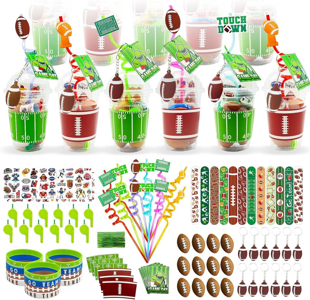 232 Pcs Football Party Favors, 12 Pack Kids Cups Toys Bulk, Sports Valentines Cards Goodie Bags Birthday Party Decorations