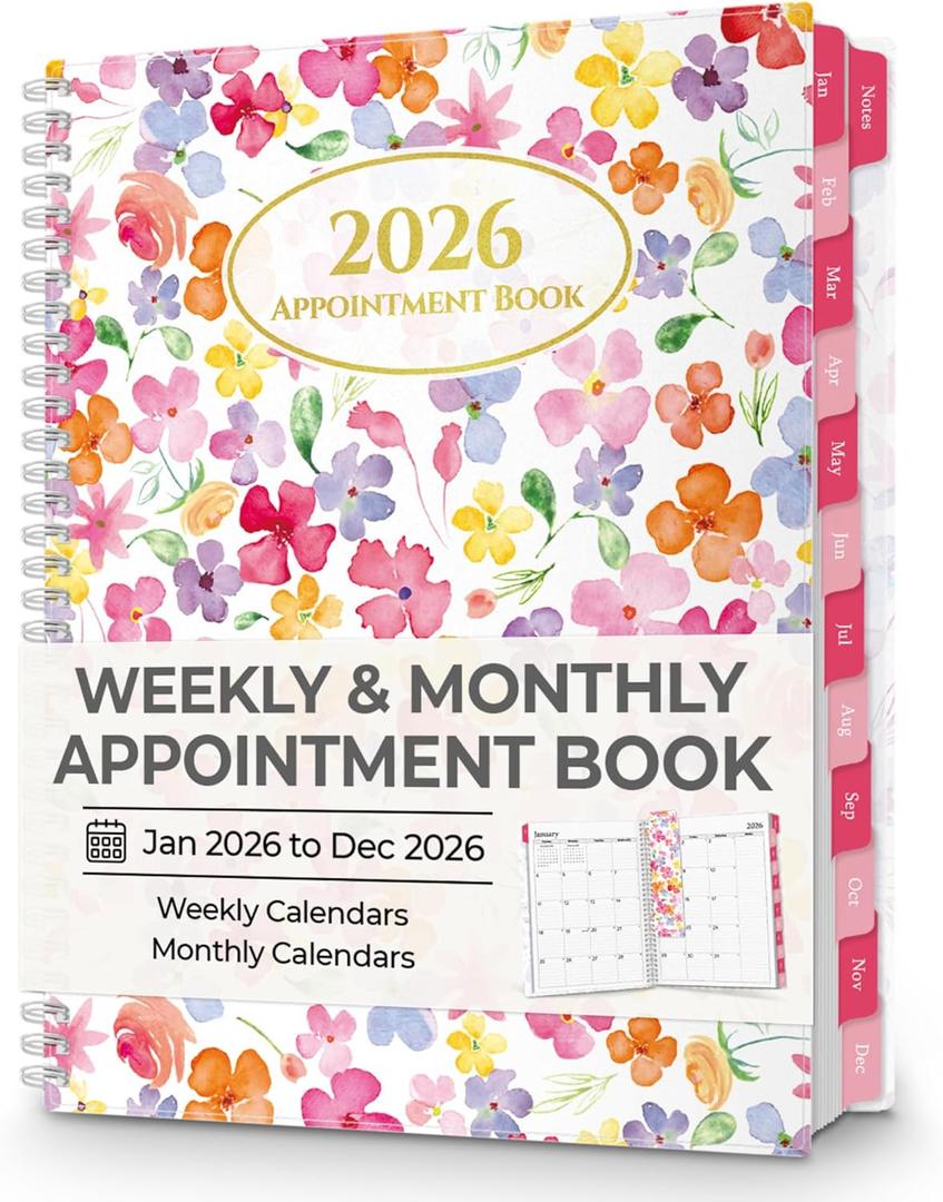 CRANBURY Daily Planner 2026, 8.5x11 Appointment Book, Jan to Dec 2026, 15-Min Hourly Scheduler, Large Daily Planner Book with Colorful Tabs (Blossoms)