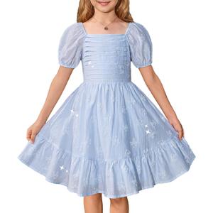 GRACE KARIN Girls Summer Tie Back Dress Square Neck Lantern Sleeve Ruffle Hem Elegant Dresses for 12 Years (Blue)