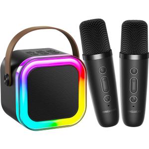 Kinglucky Mini Karaoke Machine for Kids, 2025 TOP Birthday Gifts Ideas for 3-12 Year Old Girls, Christmas Party Gifts Kids' Personal Video Players Accessories with 2 Wireless Microphones - Black