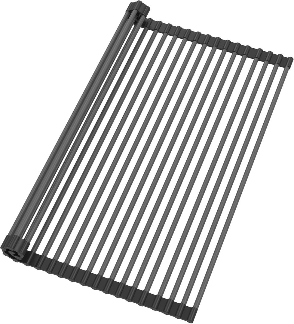 Roll Up Dish Drying Rack, Silicone Wrapped Over The Sink Multipurpose Foldable Dish Drainer Anti-Slip Coated Stainless Steel Dish Racks for Kitchen Counter, Sink Drying Rack (Black, 20.5" x 17.3")