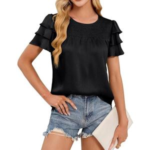 Womens Satin Ruffle Short Sleeve Dressy Blouse Business Work Cute T Shirts Trendy Outfits Elegant Textured Tops, Size S