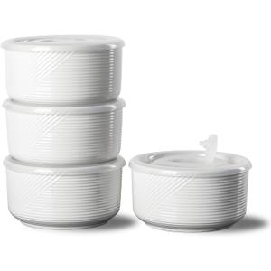 Ceramic Bowls with Lids: 20 oz Microwave Safe Food Storage Containers for Soup, Salad, Cereal, Leftovers, Meal Prep, Lunch, Picnic, Camping, Serving - Airtight, White, Set of 4