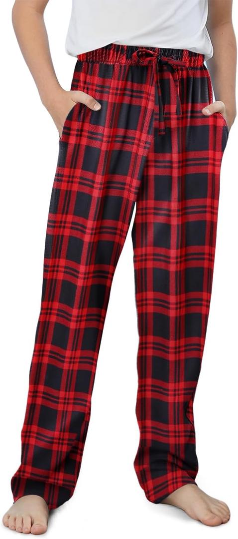 Storeofbaby Boys Casual Plaid Pants Loose Elastic Waist Long Trousers with Pockets (Small, Red Black)