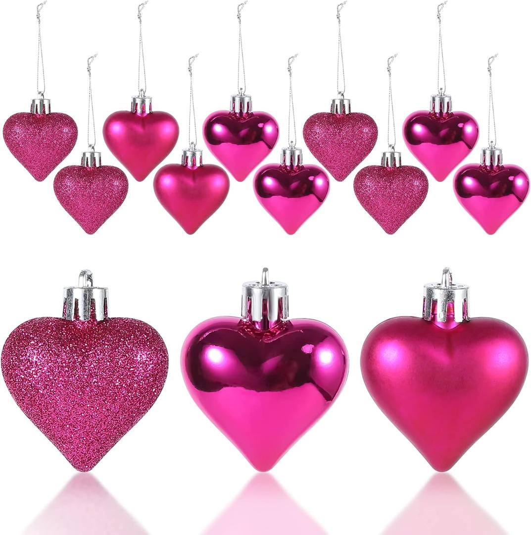 Fashionwu 36Pcs Valentine Tree Decorations Heart Shaped Ornaments Hanging Baubles Tree Ornaments for Christmas Trees Romantic Valentine's Day Decor for Home Party Wedding (Hot Pink)