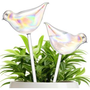 Qinyoung 2 Pack 17oz Bird Shaped Plant Watering Globes Large Clear Glass Self Watering Globes Planter Insert Spikes Drip Devices Rainbow Color Watering Bulbs Irrigation System Gifts for Plant Lover