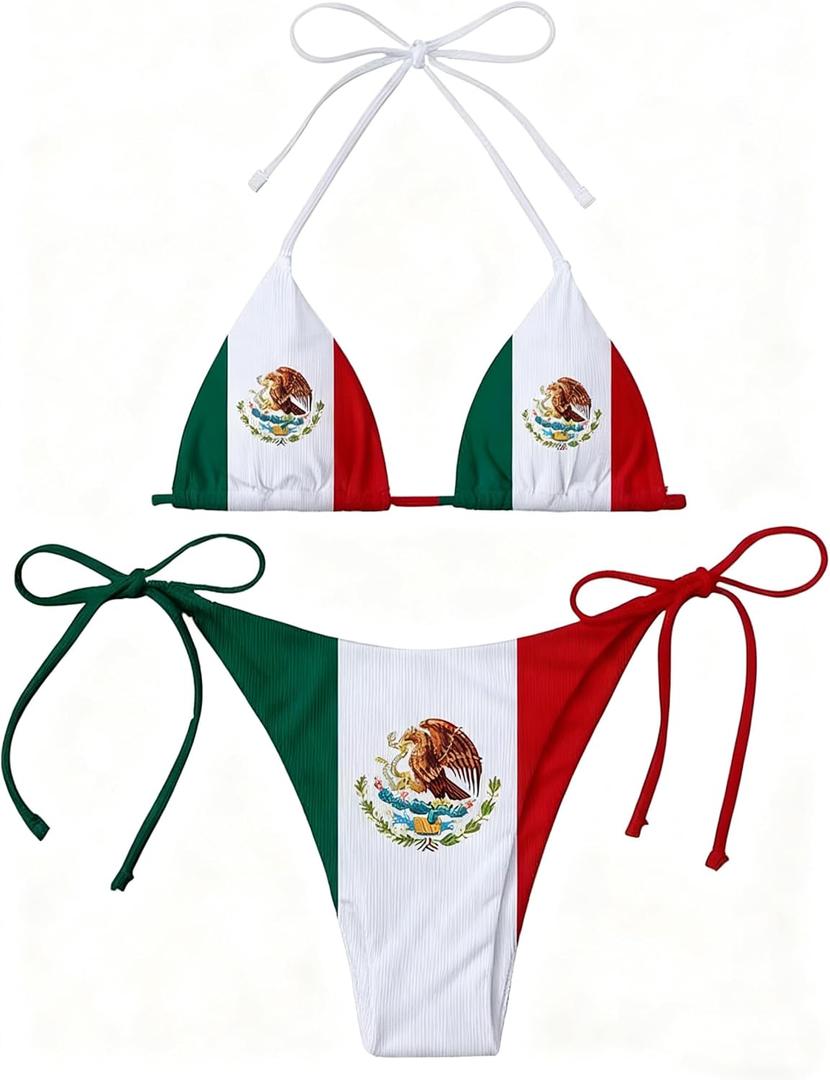 Mexico Flag Women Micro Sexy Bikini Bra Set Summer Beachwear Sexy Beach Two Pieces Bathing Suits Swimwear (L)