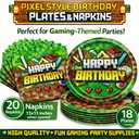 Pixel Game Birthday Party Decorations - Miner Supplies Set Gaming Theme - Including Banner Balloons Tablecloth Plates Toppers Napkins Favor Bags - Mining Bday Pack Craft Decor Kit Boys Girls
