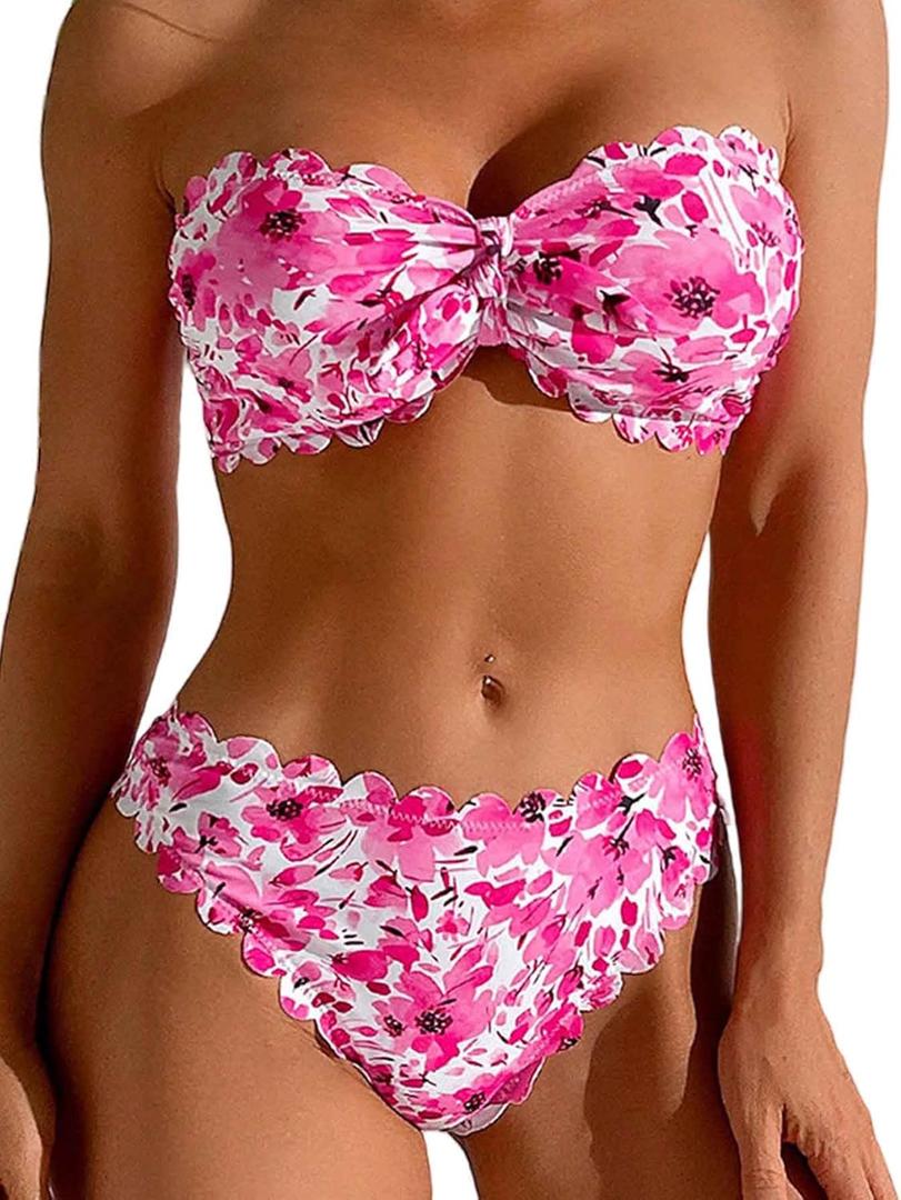 Women's Two Piece Strapless Tube Top Mid Waist Bottom Bikini Set Sexy Bathing Swimsuits (Medium, Rose Red Floral)