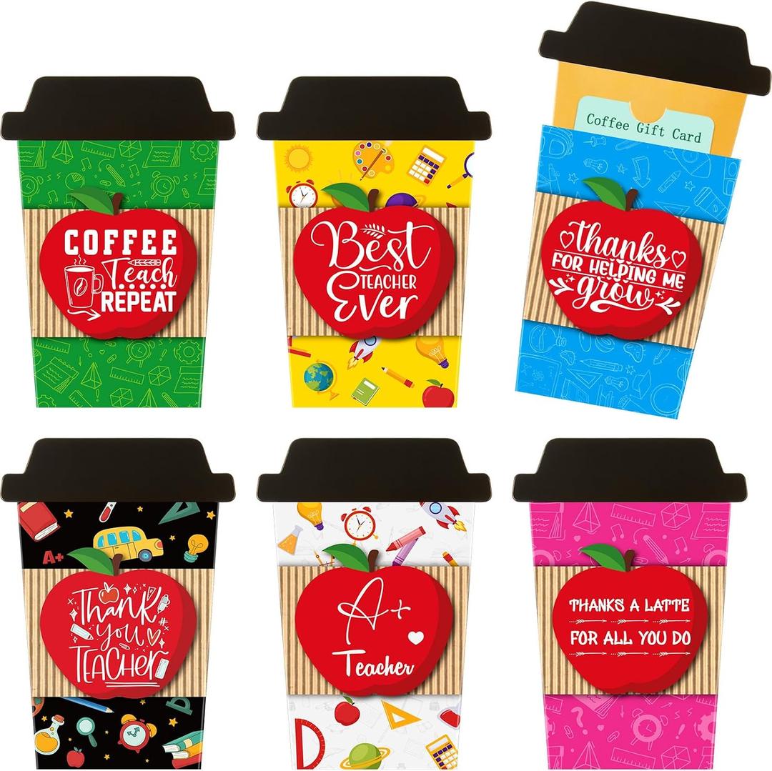 Motiskyy 24 Sets Back to School Teacher Appreciation Coffee Gift Card Holders Thank You Cards for Teachers Coffee Cup for School Tutor Colleague Holiday Graduation Supplies, 6 Designs