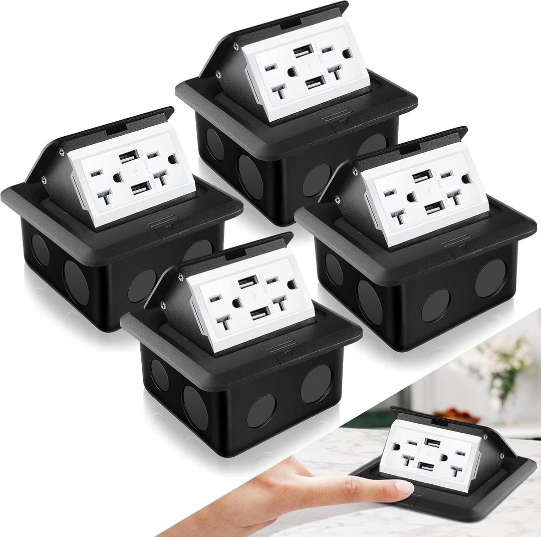 Hoolerry 4 Pack Pop up Floor Electrical Outlet Cover Box Kit with 4.8A USB Charger 20Amp Waterproof Weatherproof Floor Tamper Resistant Outlet Receptacle for Countertop Home (Black)