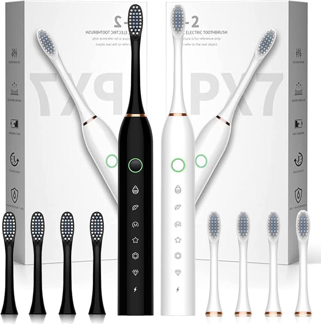 2 Pack Electric Toothbrush with 8 Brush Heads, 6 Modes 42000vpm, IPX7 Waterproof, Sonic Electric Toothbrush for Adults and Kids Black+White