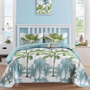Luxudecor Tropical Plants Quilt Set King Size 3 Pieces Green and Blue Palm Botanical Bedspread Rainforest Style Bedding Set Soft Lightweight Bed Cover All Season 104"x90"
