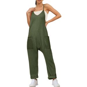 Glamaker Women's Casual Waffle Knit Jumpsuit Loose Spaghetti Strap Overalls Jumpsuits Baggy Sleeveless Maternity Romper (S)