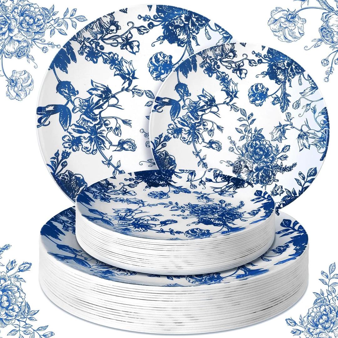 Suclain Set of 60 Blue and White Floral Plastic Plates Wedding Party Decoration Bulk Serves as 9" 7" Dessert Dinner Disposable Plastic Plates for Bridal Shower