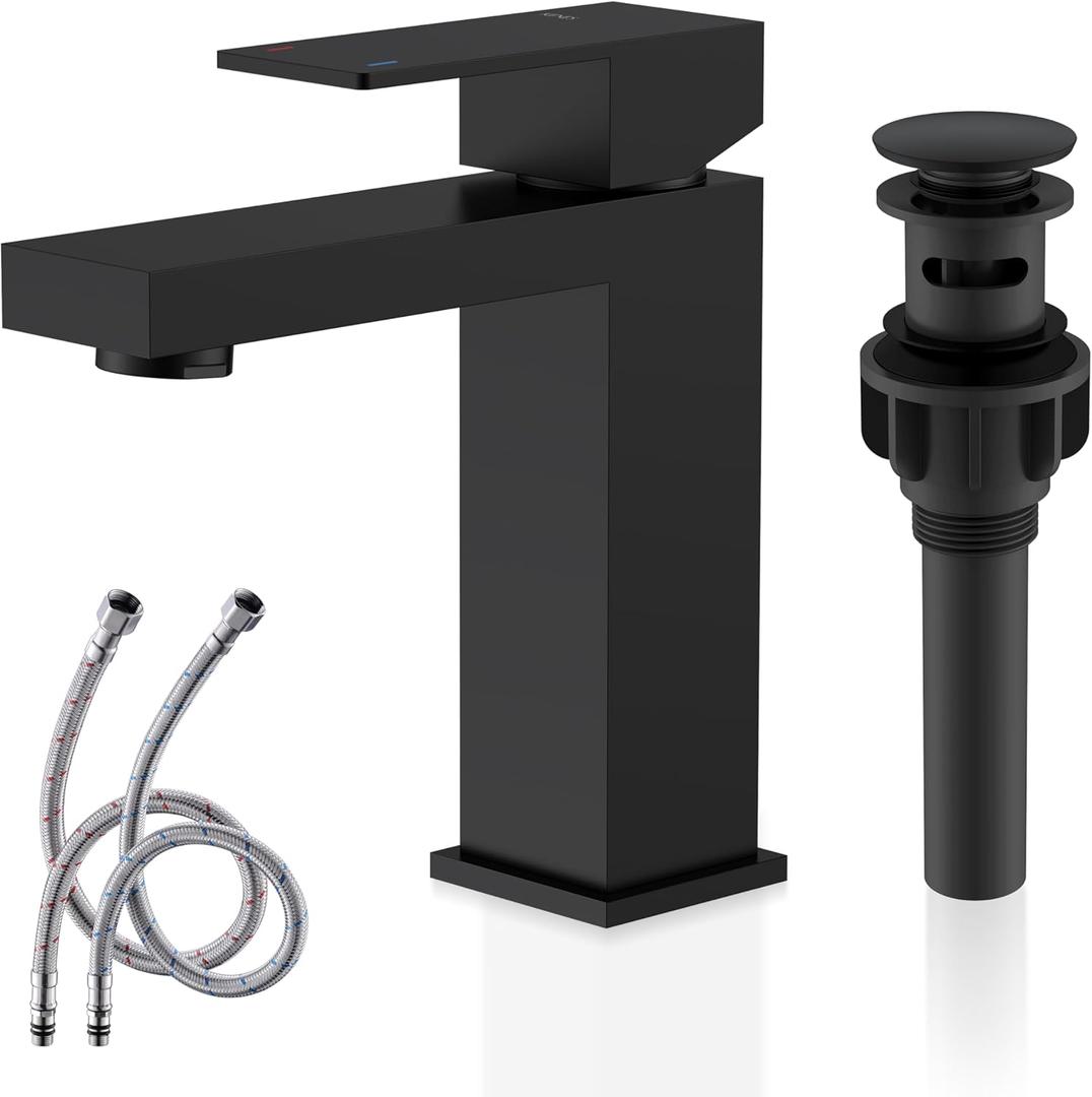 KENES Matte Black Single Handle Bathroom Sink Faucet, Stainless Steel Vanity Faucet for Bathroom Sink, with Pop Up Drain Stopper & Water Supply Hoses LJ-9031-2 (Short)