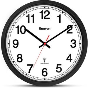 Geevon Atomic Wall Clock, 12" Sets Automatically Wall Clock Battery Operated with AUTO DST, Easy to Read Atomic Analog Clock for Kitchen/Office/Classroom/Living Room(Black)