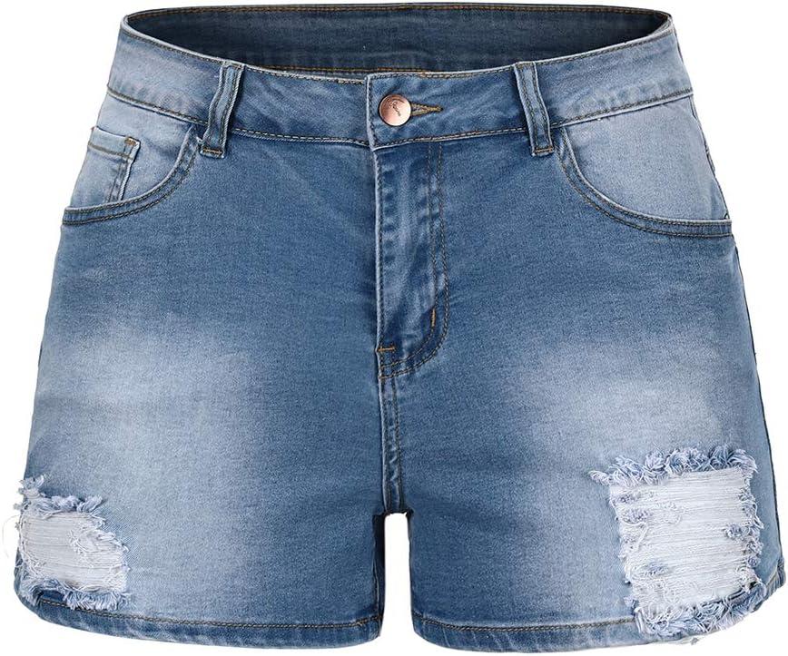 THUNDER STAR Women Mid Rise Ripped Stretchy Jeans Shorts Frayed Raw Hem Casual Denim Shorts (10-12, 1# Light Blue)