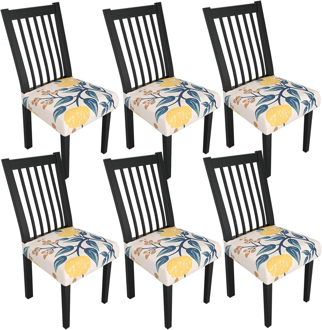 Stretch Dining Chair Seat Covers Set of 6,Dining Chair Slipcovers, Floral Printed Chair Covers,Soft Fabric Washable Upholstered Chair Seat Protector, No Rear Covers for Home Kitchen Dining Room (Orange Floral With Fruit)