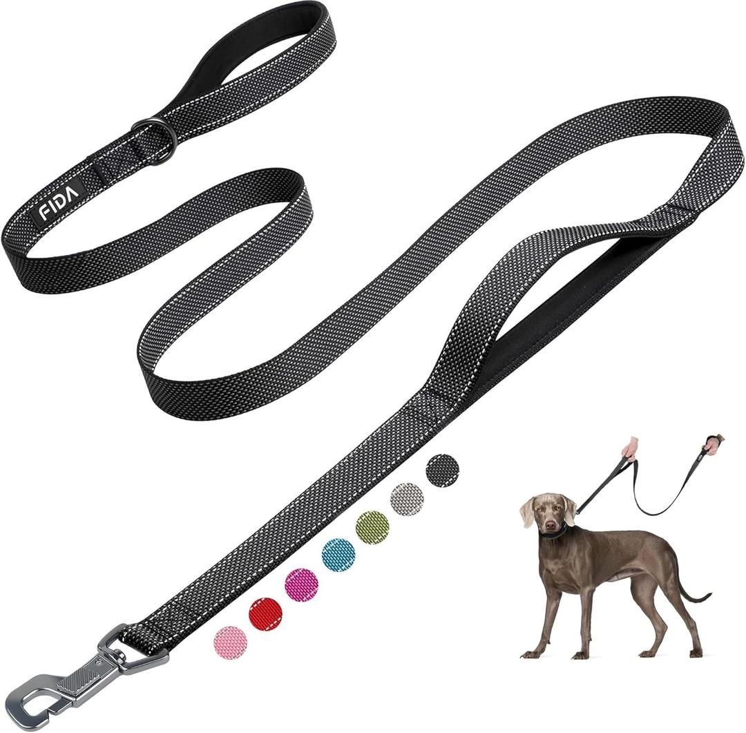 Fida 6 FT Heavy Duty Dog Leash with 2 Comfortable Padded Handles, Traffic Handle & Advanced Easy Snap Hook, Reflective Walking Lead for Large, Medium & Small Breed Dogs, Black (6 Feet (Pack of 1))