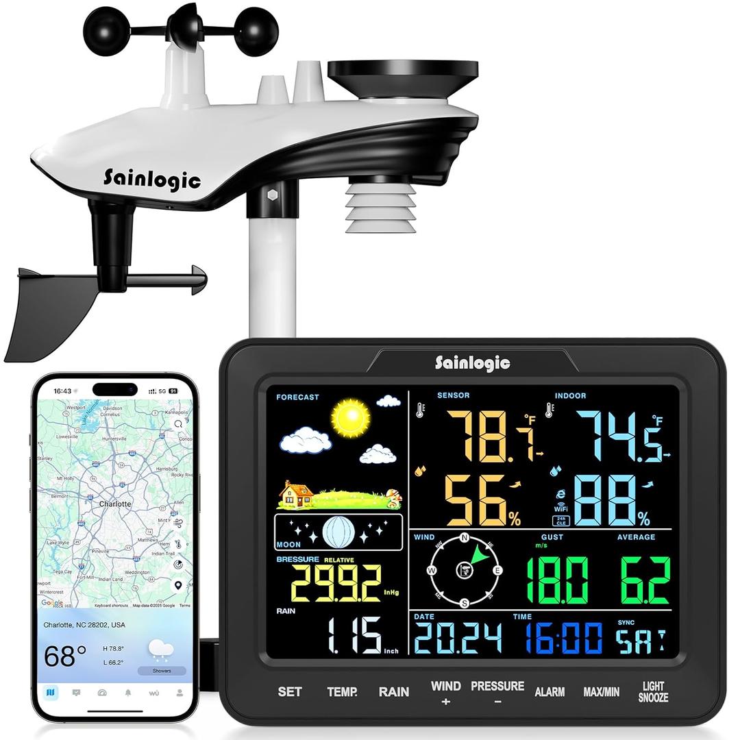 Sainlogic Smart WiFi Weather Stations Wireless Indoor Outdoor SA68 Plus,24/7 AI Weather Forecast by Weatherseed,APP/Email Alert,Home Weather Station with Rain Gauge,2-Year Data Storage(Only 2.4G)