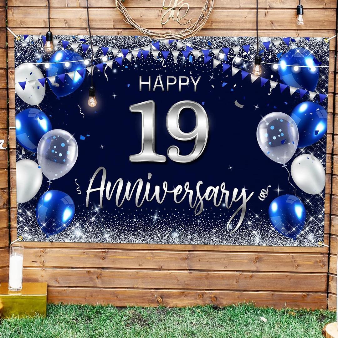 Happy 19th Anniversary Backdrop Banner Decor Navy Blue  Silver Glitter Happy 19 Years Wedding Anniversary Party Theme Decorations for Women Men Supplies (19)