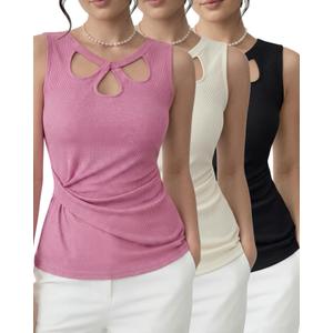 Cuffbow 3 Pack Cutout Tops for Women Sexy Keyhole Tank Top Ribbed Hollow Out Sleeveless Fitted Summer Casual Shirts(Medium,Black,Beige,Rose-red) (M)