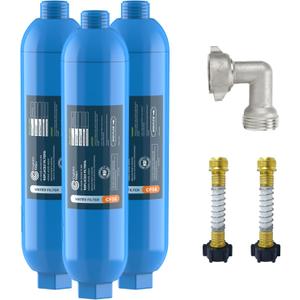 CRYSTALA RV/Camper Water Filter, Inline Water Filter Effectively Reduces Bad Taste, Odors, Chlorine and Sediment for RVs and Marines, 3 Pack Filter with 2 Flexible Hose Protector