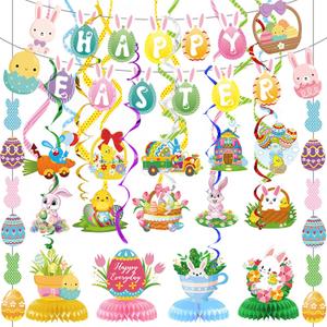 Easter Decorations for Home Decor - 47Pcs Easter Decor Kit, Happy Easter Banners with 3D Bunny Backdrop for Photography Birth Party Favors for Class Office Ceiling Decor Yard Garden Outdoor