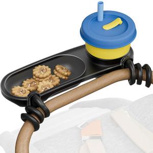 Universal Snack Tray for Stroller, Cup Holder Tray with Flexible Silicone Arm Gripper, Stays in Place Tray Attachment for Toddler & Kids, Snacking On The Go, Stroller Travel Accessories, Universal Fit, Dark Grey