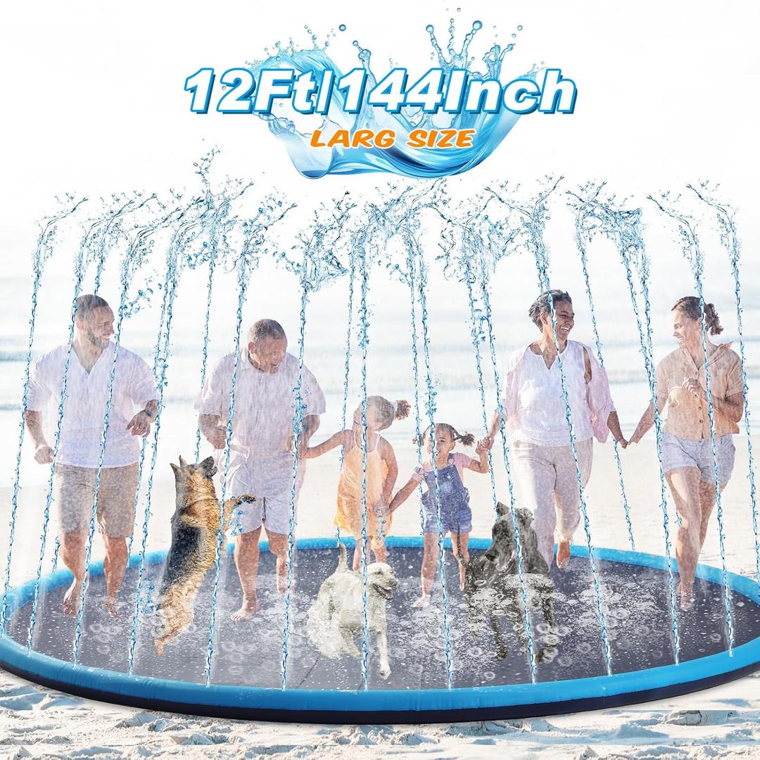 Lewtemi 12 ft Extra Large Non Slip Splash Pad 144" for Adult and Dog Giant Thicken Sprinkler Pool Summer Outdoor Fun Backyard Fountain Mat for Pet Dog(Classic Style)