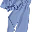 OYOANGLE Girl's 2 Piece Outfits Textured Long Pants Jumpsuit and Short Sleeve Button Down Shirt Set Blue 11-12Y