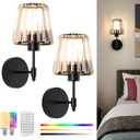 Battery Operated Crystal Wall Sconces Set of 2, Wireless Wall Lamp with RGB Rechargeable Dimmable Bulbs, Modern Wall Sconce with Remote for Bedroom, Living Room, Bulbs Included(Black)