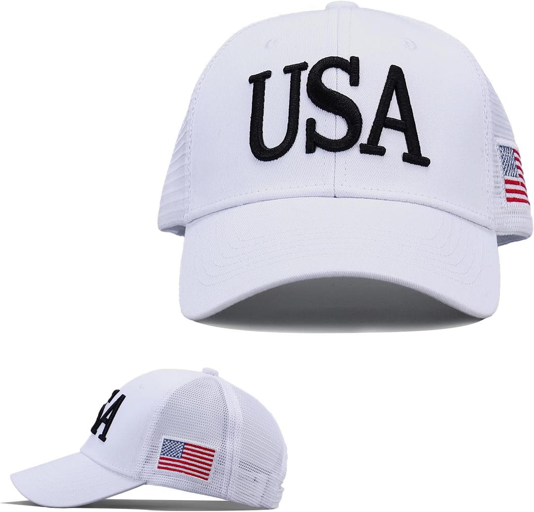 USA Trucker Hat for Men & Women American Flag Cap Adjustable Baseball Cap Mesh Snap Patriotic 3D Embroidered Cap
