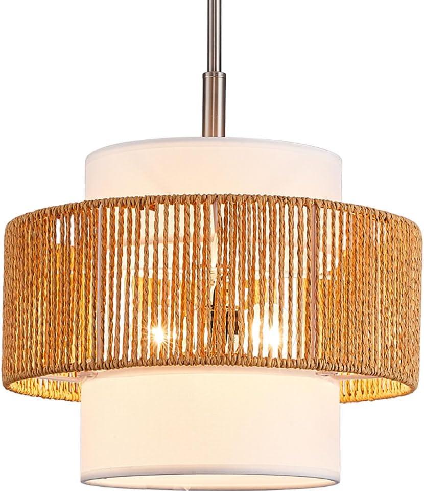 Rattan Drum Chandeliers Light Fixtures,Farmhouse 2 Light Boho Pendant Light Rustic Hand Woven Lighting for Dining Room Kitchen Island Living Room Bedroom,Brushed Nickel Finish Metal 12.5''