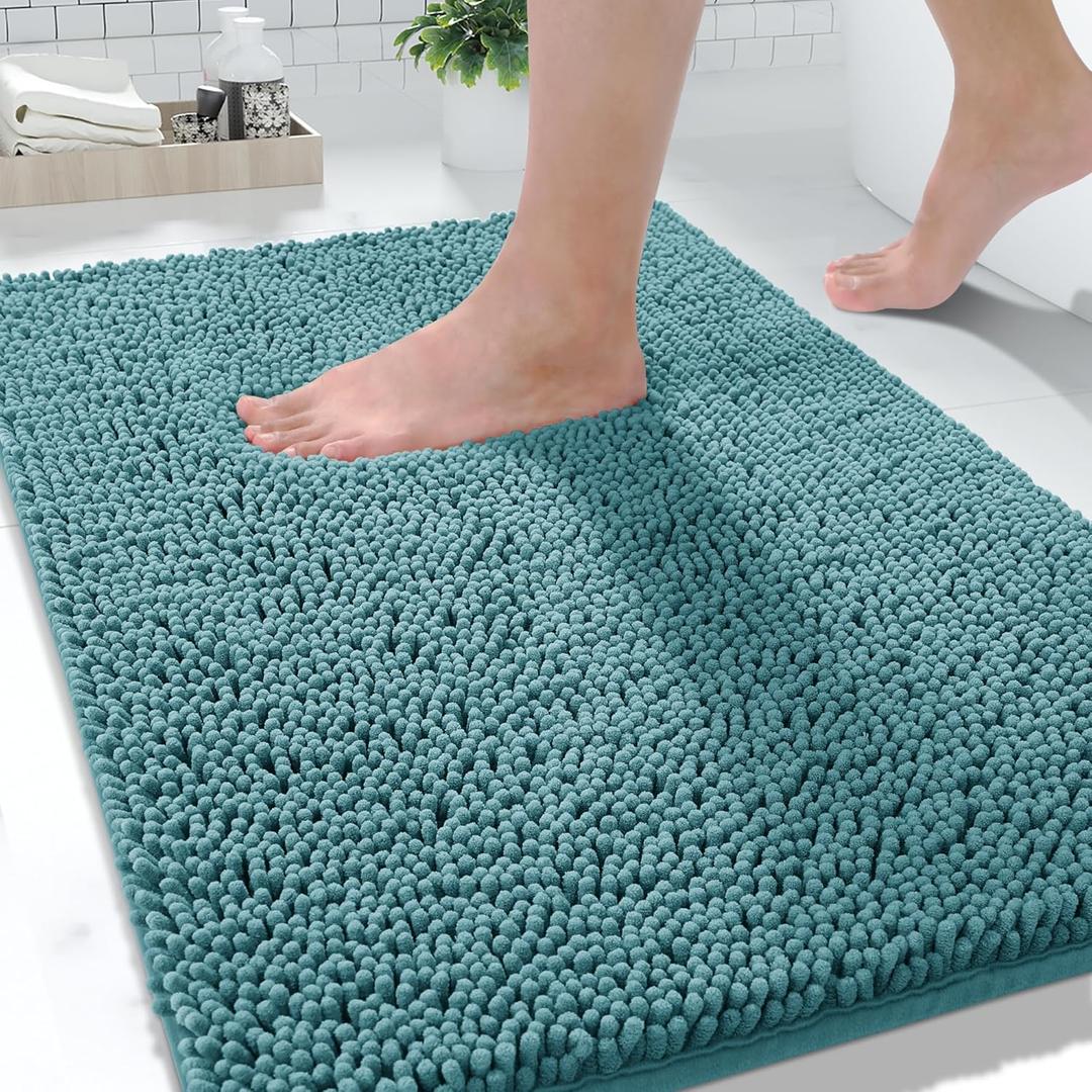 Yimobra Washable Bathroom Rugs, Super Soft & Absorbent Chenille Bath Mat for Floor & Carpet, Quick Dry Non Slip Bath Mat for Tub Shower, 32"x20",Teal Blue