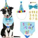 ADOGGYGO Dog Birthday Bandana Scarf and Blue Boy Pet Birthday Party Hat with Cute Bow Tie for Large Dog Pet (Large)