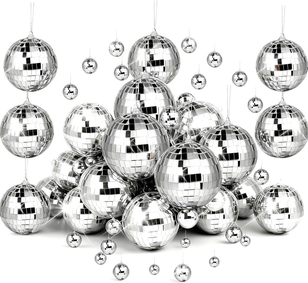 37 Pcs Mini Disco Mirror Ball Ornaments, Silver Disco Mirror Ball, Fun Silver Hanging for Party Decoration, Christmas Tree Ornaments Disco Ball Cup Toppers Wedding Birthday Party Festive Dance